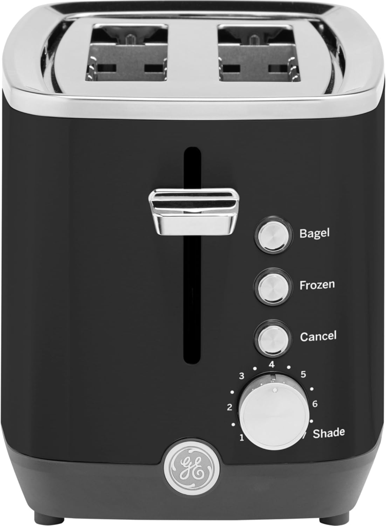 GE 2 slice black stainless steel toaster with extra wide slots – one of the best 2 slice toasters for bagels and thick bread