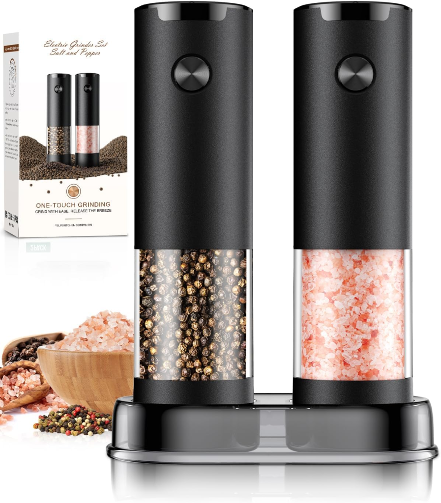 Electric automatic salt and pepper grinder set with adjustable coarseness and LED light for modern kitchens