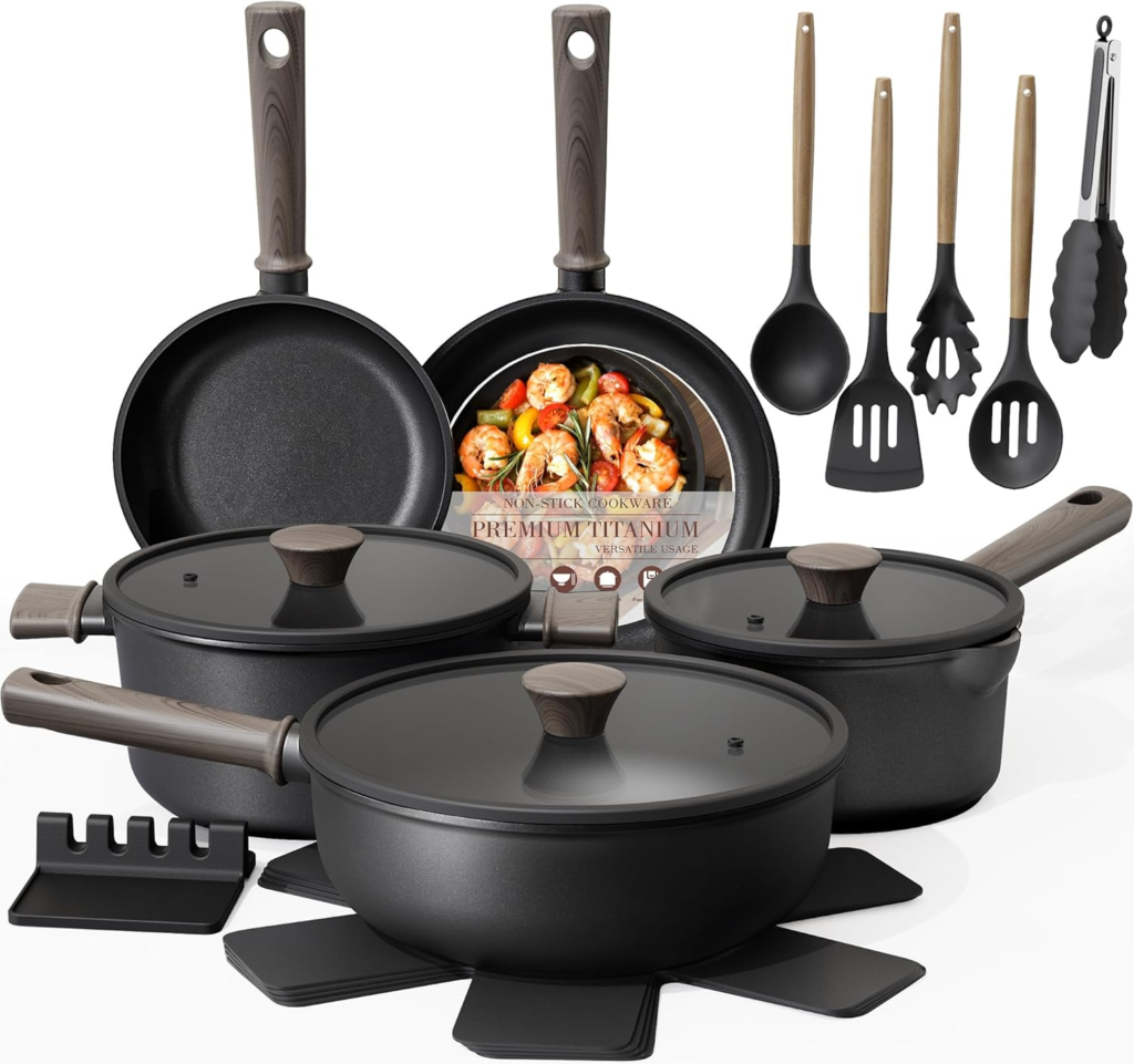 Astercook 19 piece non stick cookware set with black titanium pots, frying pans, and induction compatible kitchen cooking essentials