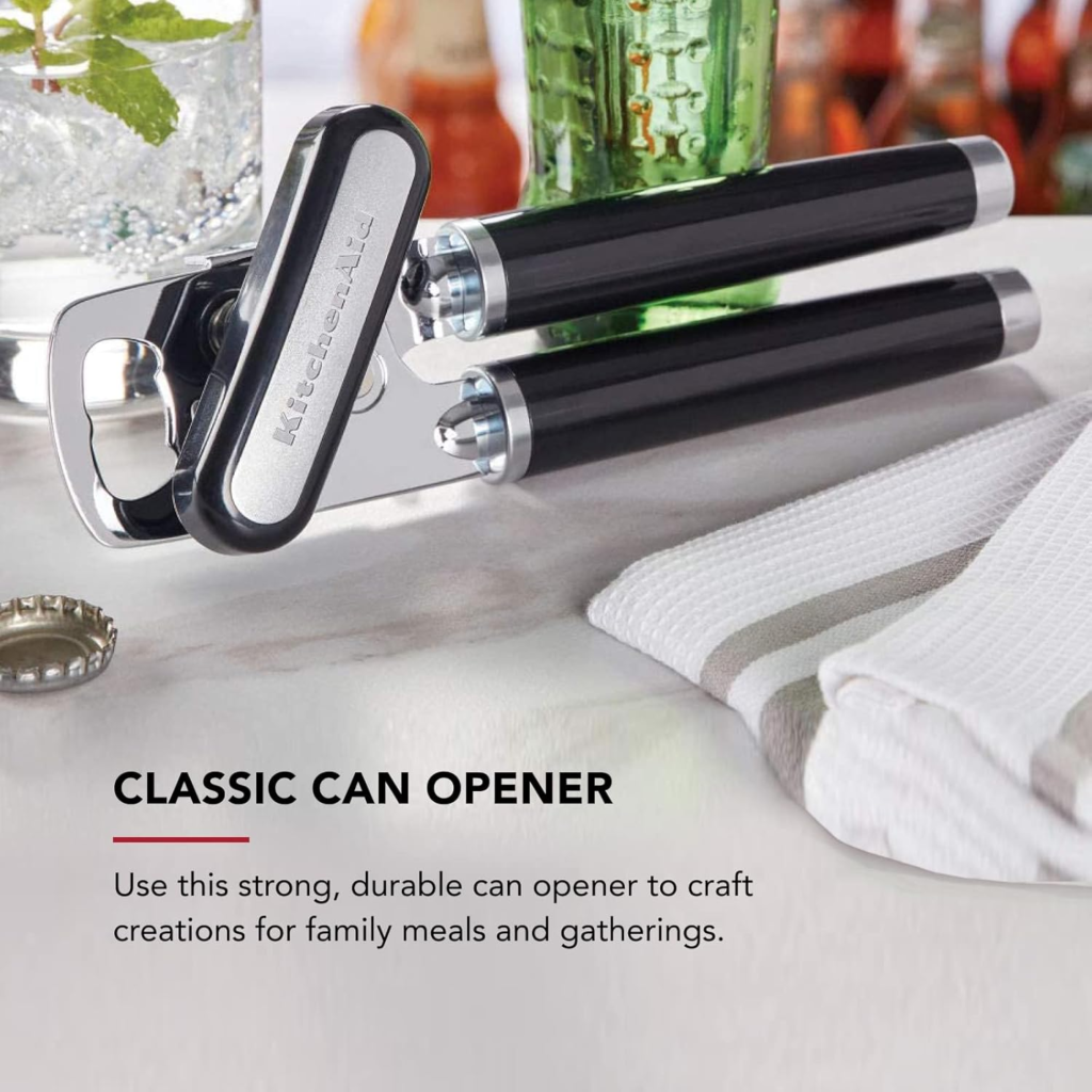 KitchenAid multifunction can opener with sharp stainless steel cutting wheel, ergonomic handles, and built in bottle opener for easy kitchen use