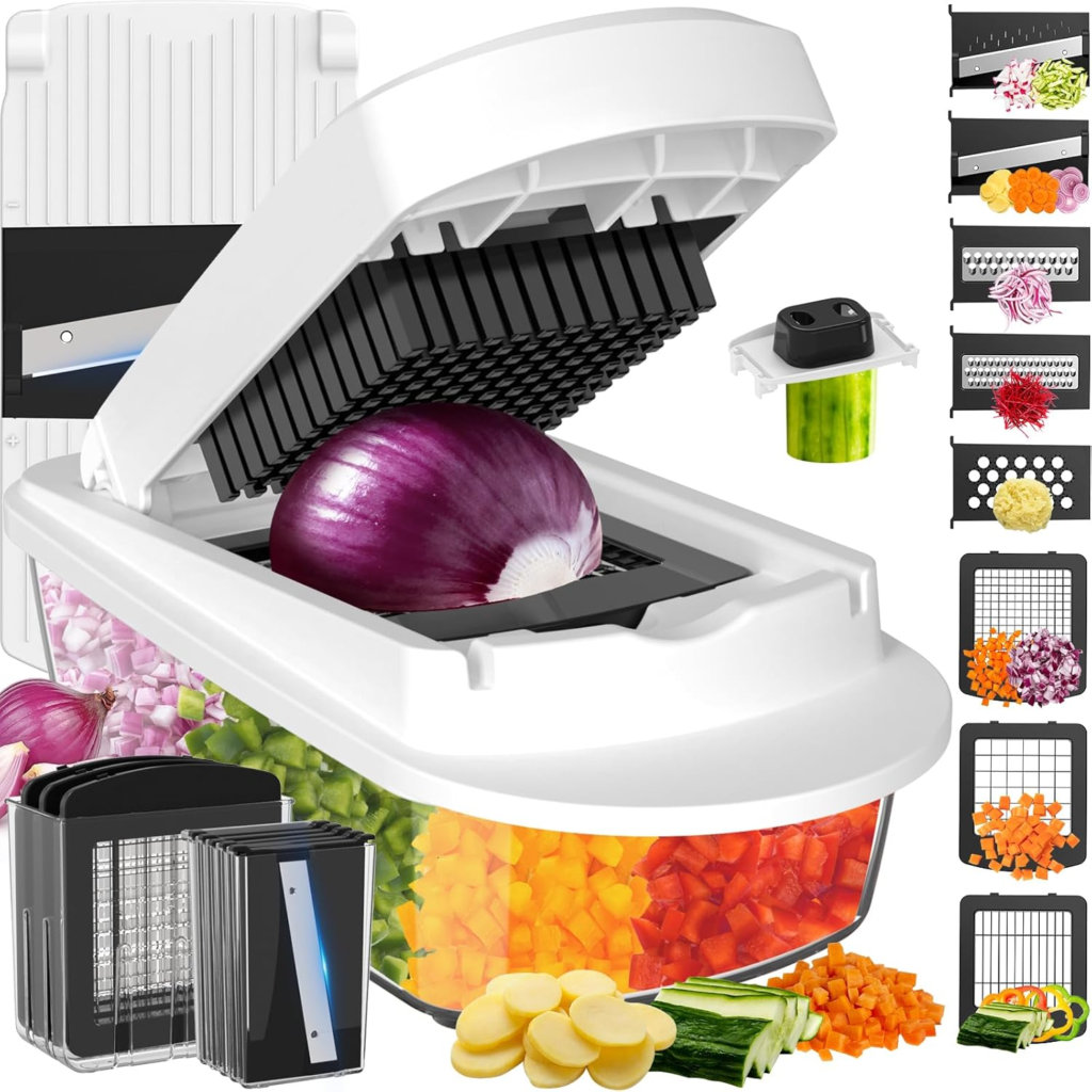 8 Blade Vegetable Chopper with mandoline slicer and food container for fast and easy vegetable cutting and meal preparation