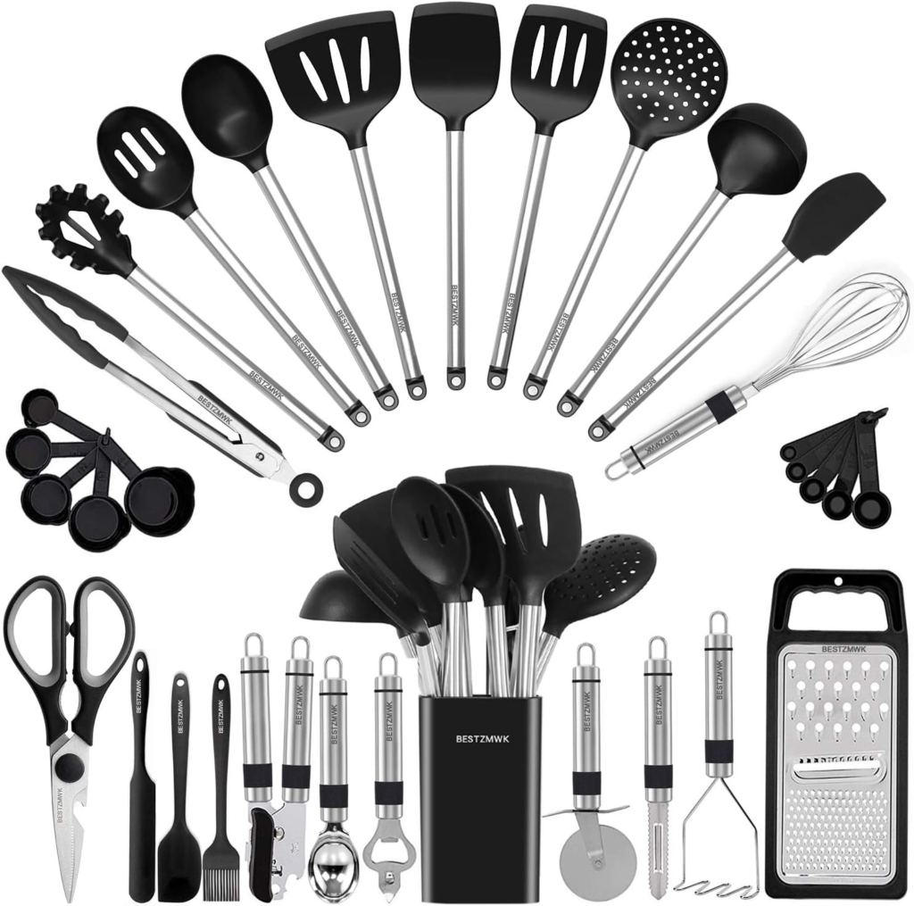 33 Piece Kitchen Utensil Set with silicone cooking utensils and stainless steel handles for nonstick cookware and everyday kitchen use