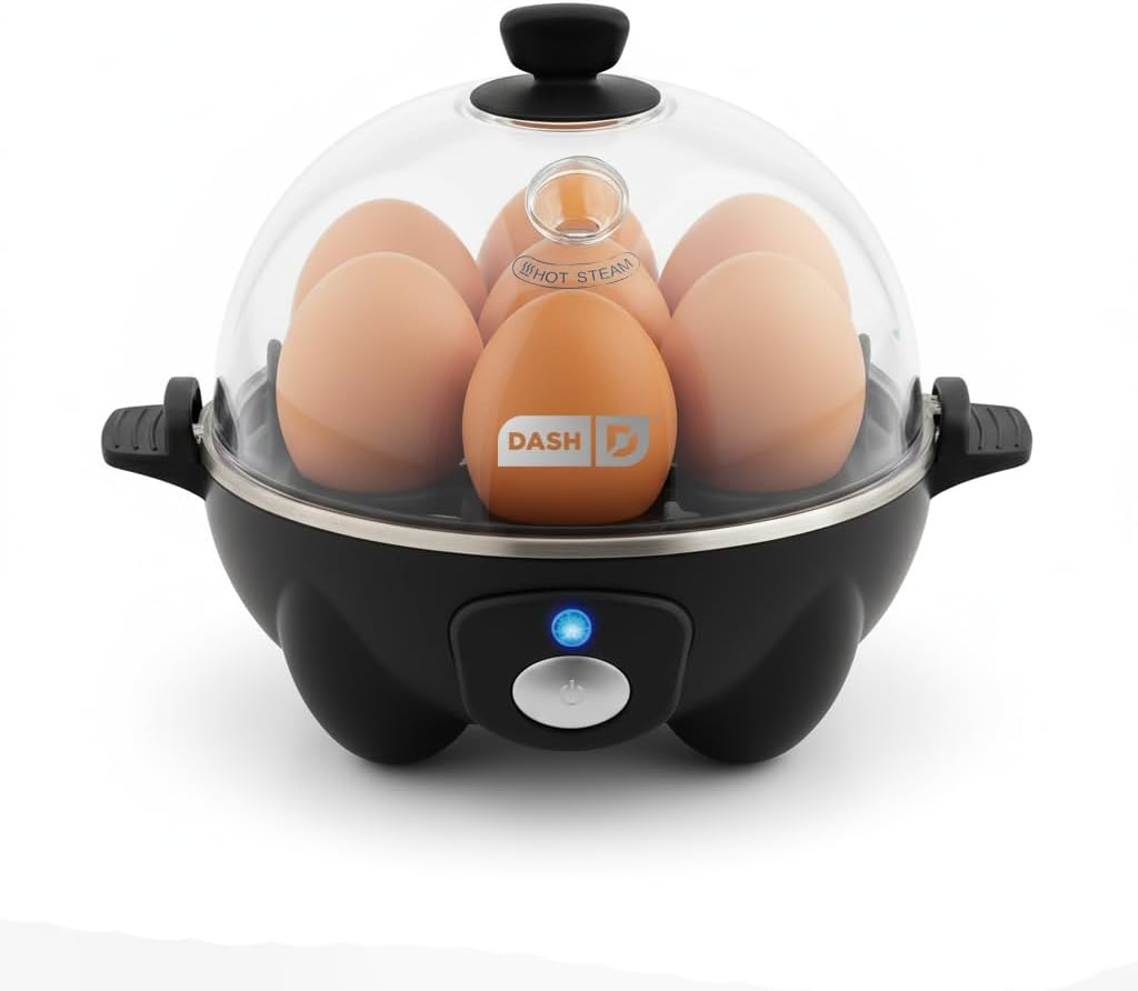 Dash Rapid Egg Cooker with 7 egg capacity for boiling, poaching, and steaming eggs quickly and easily.