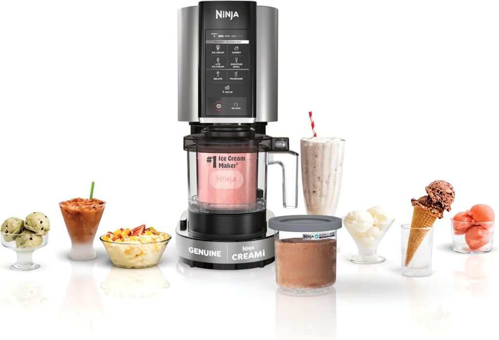 Ninja NC301 CREAMi Ice Cream Maker with homemade ice cream, gelato, milkshakes, sorbet, and smoothie bowls