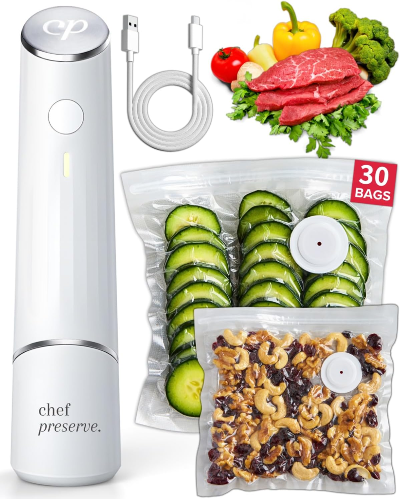 Compact Vacuum Sealer with reusable vacuum bags for food storage, meal prep, and food preservation