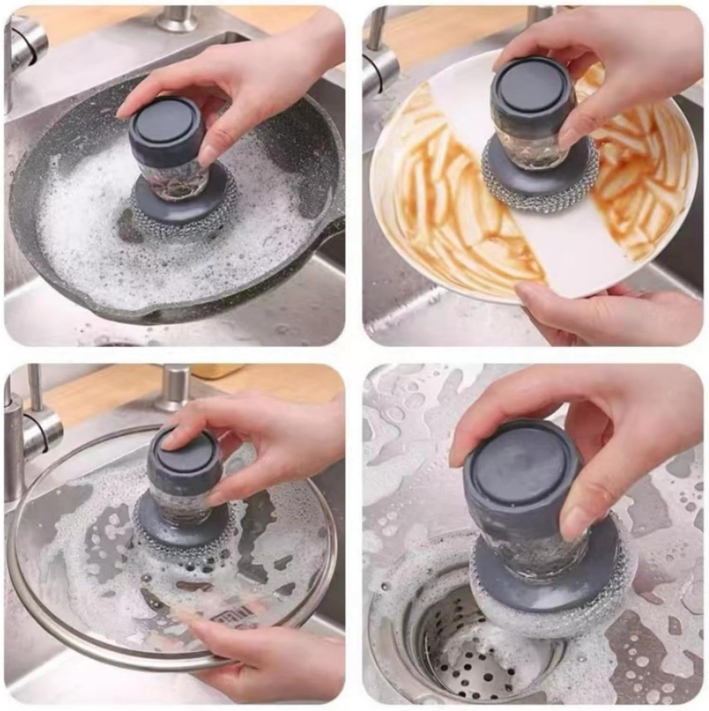 Soap Dispensing Dish Brush with steel wool scrubber for cleaning dishes, pans, sinks, and kitchen surfaces