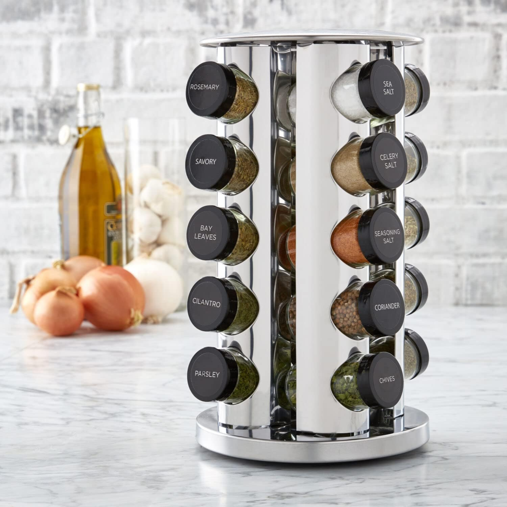 Kamenstein 20 Jar Revolving Spice Rack with stainless steel rotating organizer and spice jars
