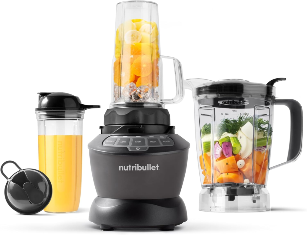 Nutribullet Full Size Blender Combo with 64 oz pitcher and personal smoothie cup for blending fruits, vegetables, soups, and smoothies